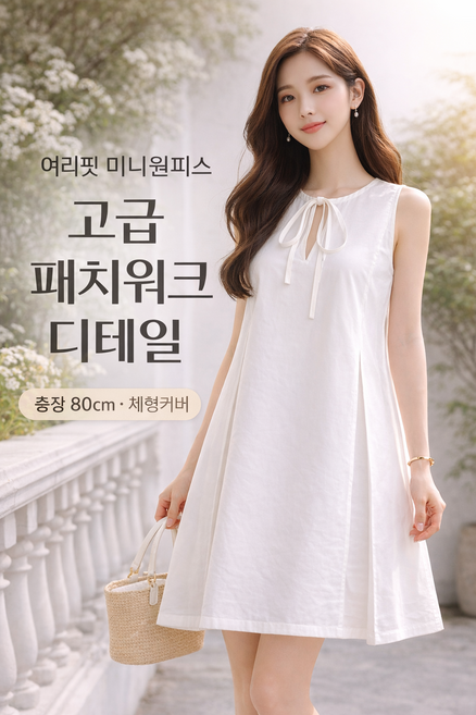 슬림리본 스트랩 A라인 플레어 원피스 화이트 여름 민소매 체형커버 데일리룩