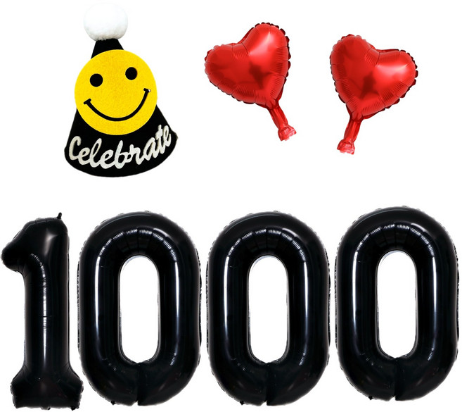 쏙쏙마켓 1000일 기념 풍선세트 천일 숫자 하트풍선 파티햇 세트, 블랙 1000일 파티햇세트, 1세트