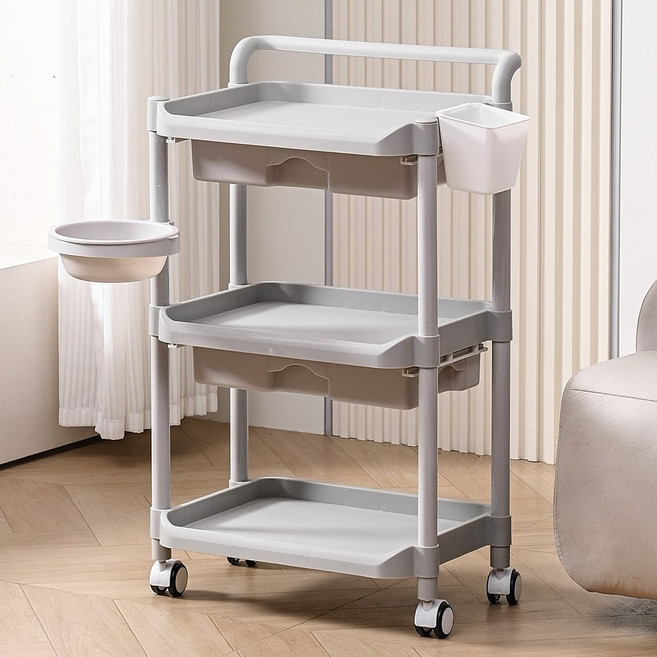 3단 미용 카트 뷰티 웨건 다용도 이동식 트롤리, 그레이