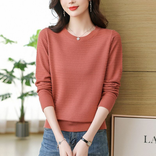 봄 가을 여성 긴팔티 빅사이즈 루즈핏 라운드 니트 쇼트 얇은 상의 캐주얼 간절기 여자 긴소매 상의 LQZ