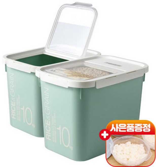 락앤락 쌀통(계량컵+제습제) 2개+전자렌지용기 - 쌀독 잡곡보관함 5KG 10KG 시리얼.밀가루.사료통 라이스키퍼추천, 1, 민트