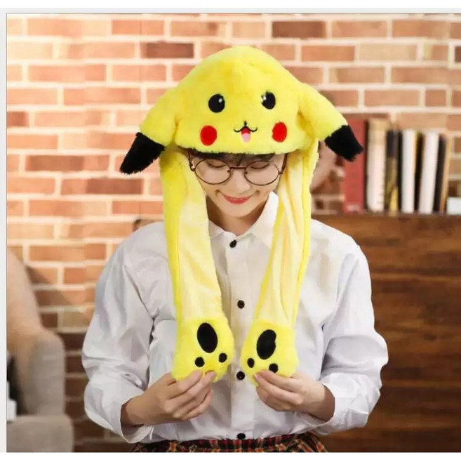 귀 움직이는 토끼 모자 LED 발광 캐릭터 모자 축제 행사 파티용 귀여운 방한 모자, 60cm, 빛 없는 피카츄