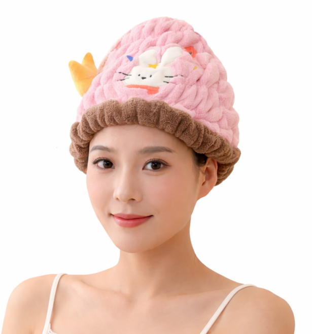 초흡수 극세사 헤어드라이타월 헤어캡 빠른건조 두꺼운 드라이타월 긴머리 여성용 수건모자 귀여운 캐릭터, 1개, 핑크색