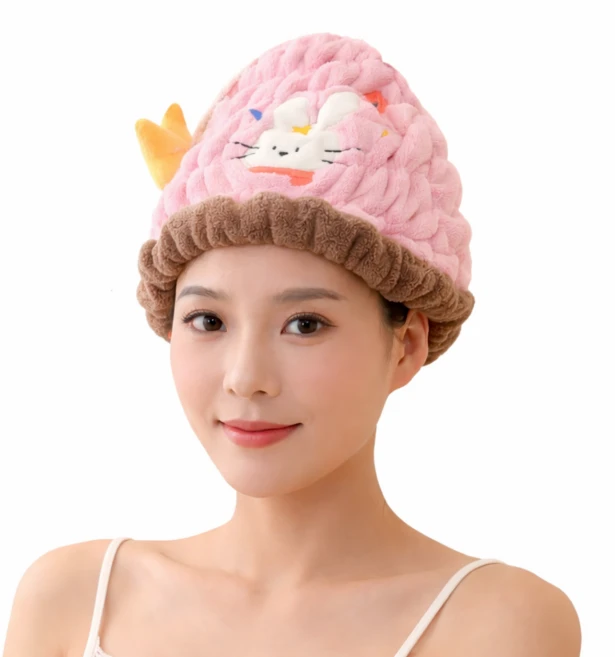 초흡수 극세사 헤어드라이타월 헤어캡 빠른건조 두꺼운 드라이타월 긴머리 여성용 수건모자 귀여운 캐릭터, 1개, 핑크색 - 쿠팡
