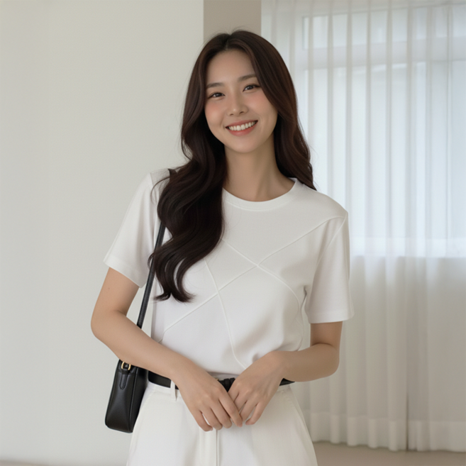 데일로엔 여성 여름 데일리 사선 라운드 넥 슬림핏 반팔 티셔츠