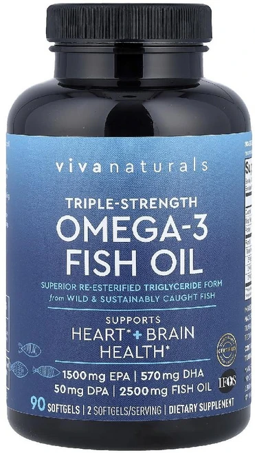 비바내추럴 오메가3 피쉬 오일 Omega-3 Fish Oil 2500mg 소프트젤 90정, 비바 내츄럴스 트리플 스트렝스 오메가 3 피쉬 오일 보, 1개 - 쿠팡
