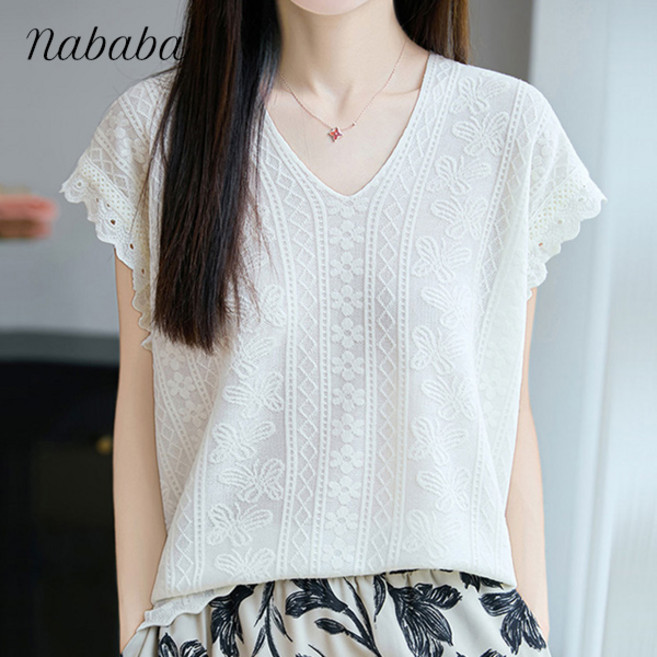 나바바 NT2775 여성 로맨틱 레이스 브이넥 캡소매 티셔츠