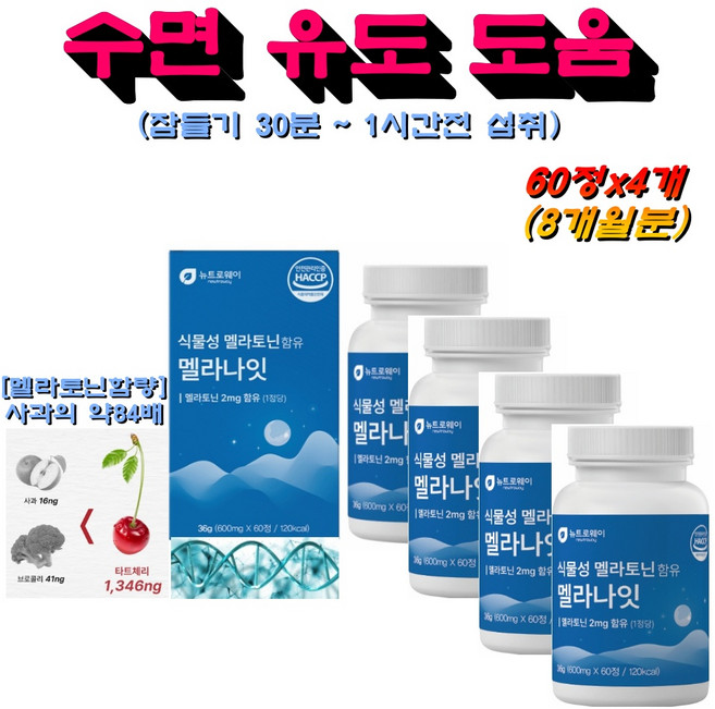 Newtroway 식물성멜라토닌함유멜라나잇 수면유도 몽모랑시타트체리추출물 허브3종 비타민B HACCP, 4개, 60정