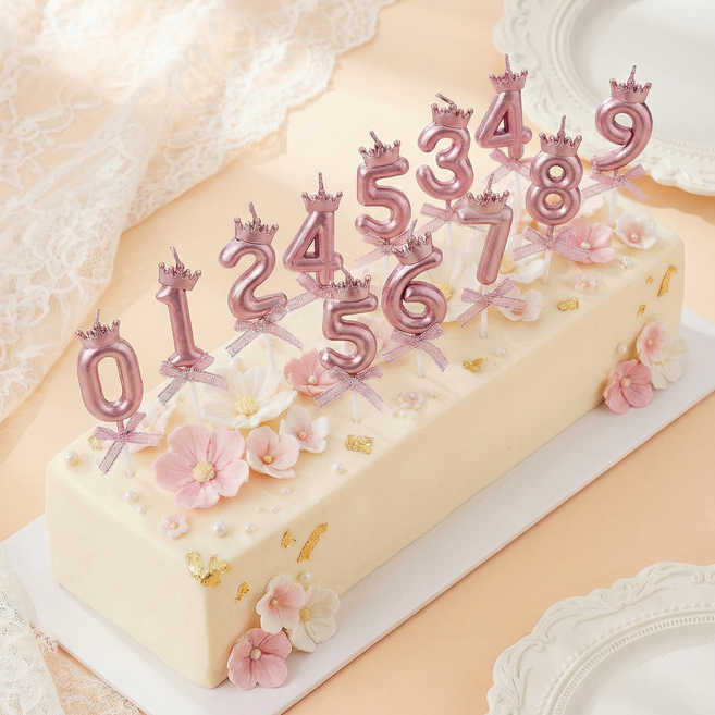 샴페인 골드 티아라 왕관 리본 숫자초 올넘버 풀세트 0~9 금색 캔들 케이크 케익 촛불, 1개, 6g, 로맨틱하고 러블리한 로즈 골드