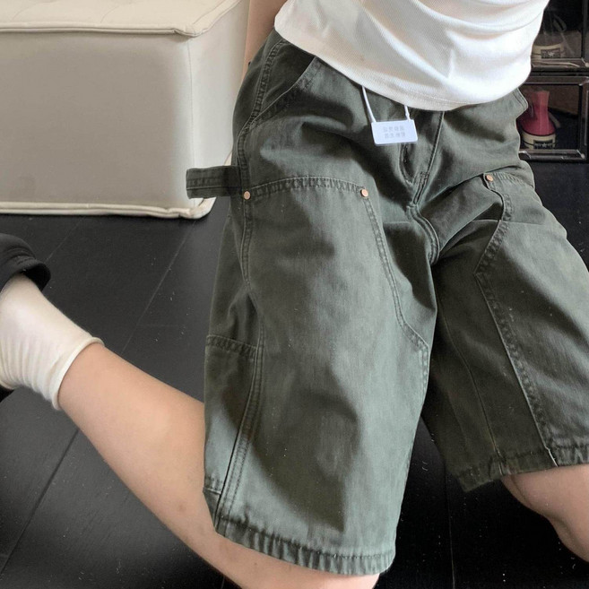 寬松直筒工裝牛仔短褲女夏季新款高腰顯瘦百搭小個子五分褲, 1個, 軍綠色L
