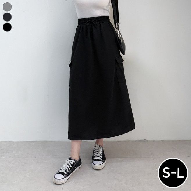 블레스유 여성용 카고주머니 롱스커트 뒷트임 허리밴딩 맥시스커트 쭈리