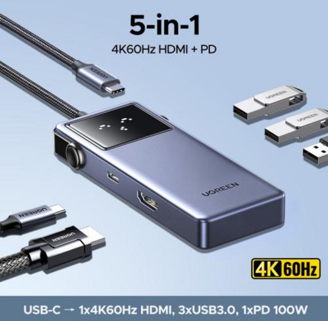 UGREEN USB-C 허브 6-in-1 HDMI 4K60Hz PD100W 10Gbps USB3.2 Gen2 노트북 Macbook Pro Air 확장기 도킹 스테이션용 USB-C, 02 5-in-1 HDMI, 1개