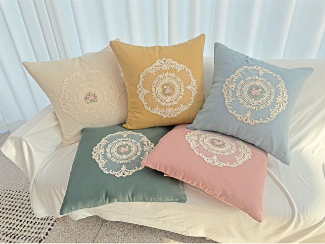 [꾸미지오] 유러피안 앤틱 레이스 린넨 쿠션 커버 50x50 바이오워싱 고급 소파 등쿠션