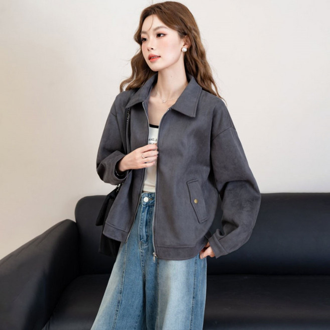 TKX 여성용 가을 캐주얼 스웨이드 자켓 심플 디자인 루즈핏 레트로 스타일