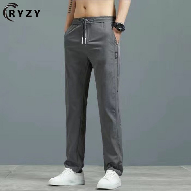 RYZY 韓版大碼冰絲長褲 男款彈力休閒寬鬆直筒透氣運動高腰顯瘦褲 深灰