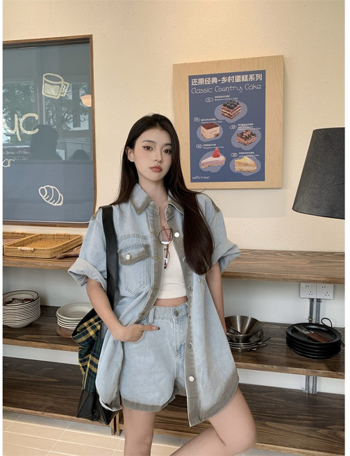더사바) 캐주얼 반팔 카라넥데님셋업 반바지데님 반팔청자켓 워싱 그라데이션 루즈핏 오버핏 투포켓 여성청자켓 청반바지 밴딩 연청