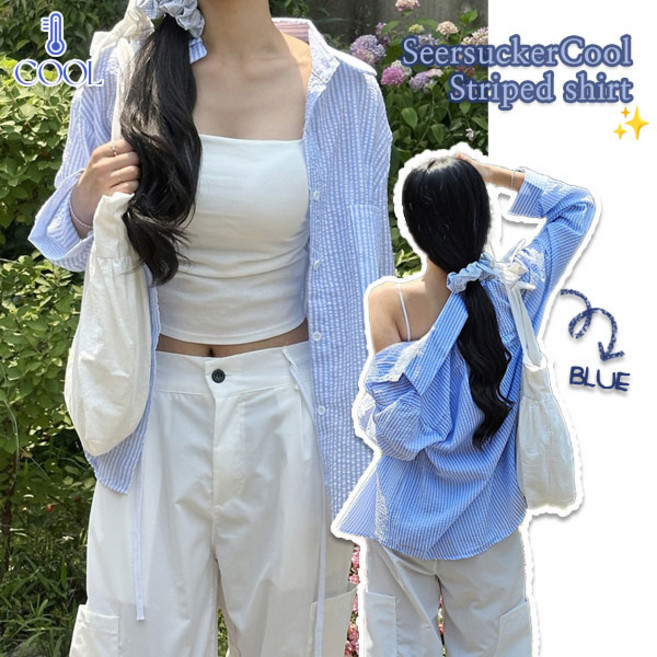 [살탐방지기획특가]블루 체크 긴팔셔츠 시어서커 포레스트블루루즈핏긴팔셔츠