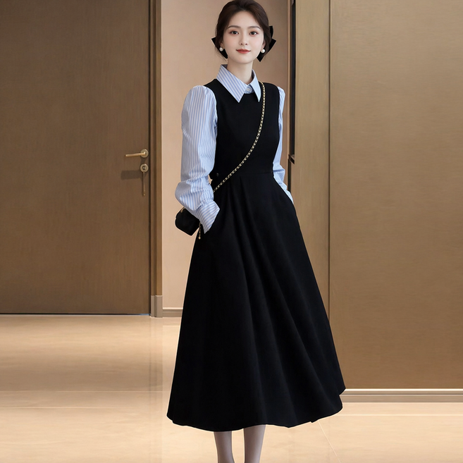 휠렉스 여성 셔츠+원피스 2종 세트 레이어드 롱원피스 A라인 오피스룩 하객룩 JT185