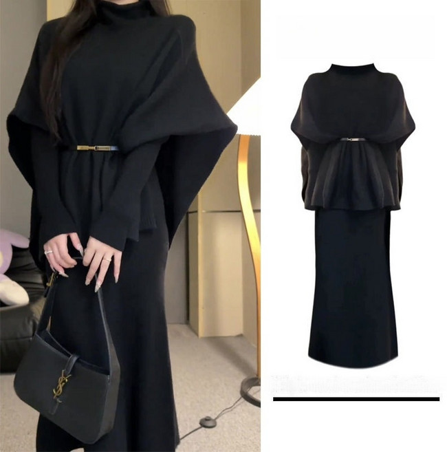 지니 겨울 여성스러운 하이넥 니트 롱 원피스 스케프 세트 섹시한 투피스 하객룩