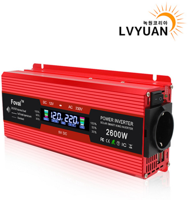 루앤 차량용 LCD 인버터 2600W 유사계단파 220V 60hz 한국형 KC인증, 레드 전압 12V, 1개
