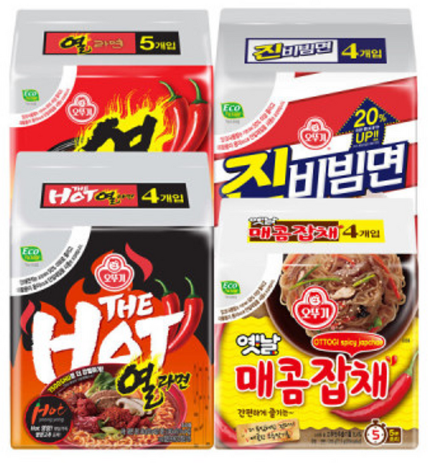 더핫열라면 120G 4개 + 오뚜기 열라면 120g 5개 + 오뚜기 진비빔면 156g 4개 + 옛날매콤잡채 77.5GX4