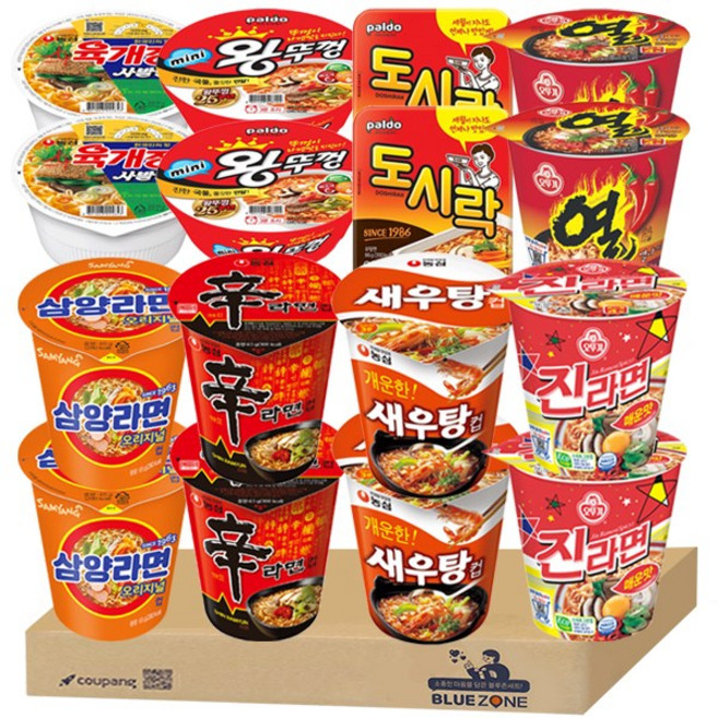 블루존 소컵라면 8종 16개입A (육개장사발면2 신라면2 새우탕2 진라면매운맛2 열라면2 도시락2 미니왕뚜껑2 삼양), 1개
