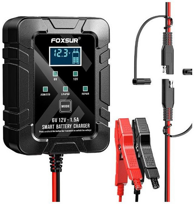 FBC-061215D 6V/12V 1.5A 鉛酸鋰鐵電池雙模充電器 重機NP玩具電瓶檢測修復, 1個, FOXSUR 重機充電器