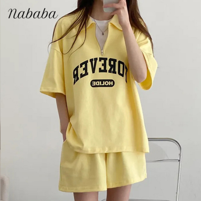 나바바 NT1672 여성 레터링 반팔 반바지 트레이닝 세트