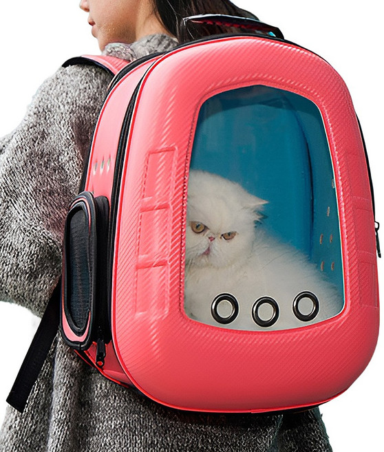 퍼피허그 Hard Shell 투명 우주선 강아지 백팩 산책가방 이동 가방 고양이 애견 기내용 컨넬 배낭, 1개, 핑크