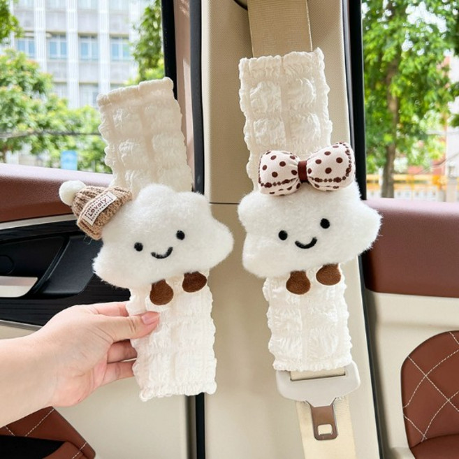 아망디에 귀요미 구름 안전벨트 커버 2개입 세트 부드러운 재질 차량 인테리어 소품, 1세트, 화이트-모자구름