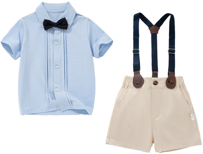 男寶寶一週歲宴禮服夏季薄款男童抓週生日西裝嬰兒揹帶褲兩件套裝