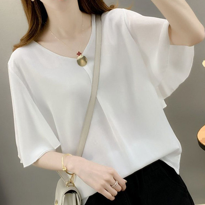 로르카 여성 브이넥 러플소매 쉬폰 루즈핏 빅사이즈 캐주얼 데일리 반팔 블라우스 V01031741