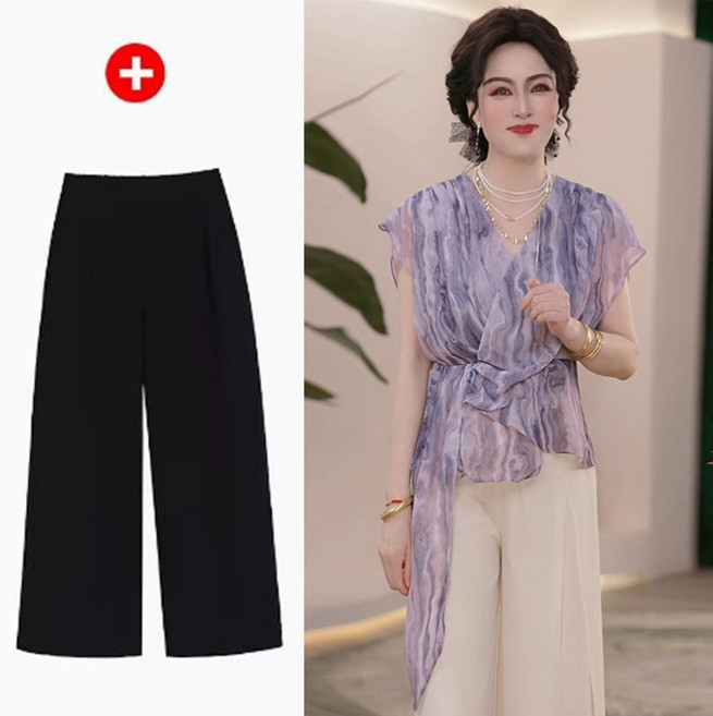 중년 여성 여름 쉬폰 세트 우아한 투명한 혼합 무늬 팬츠와 세트 고급스러운 복장 JS