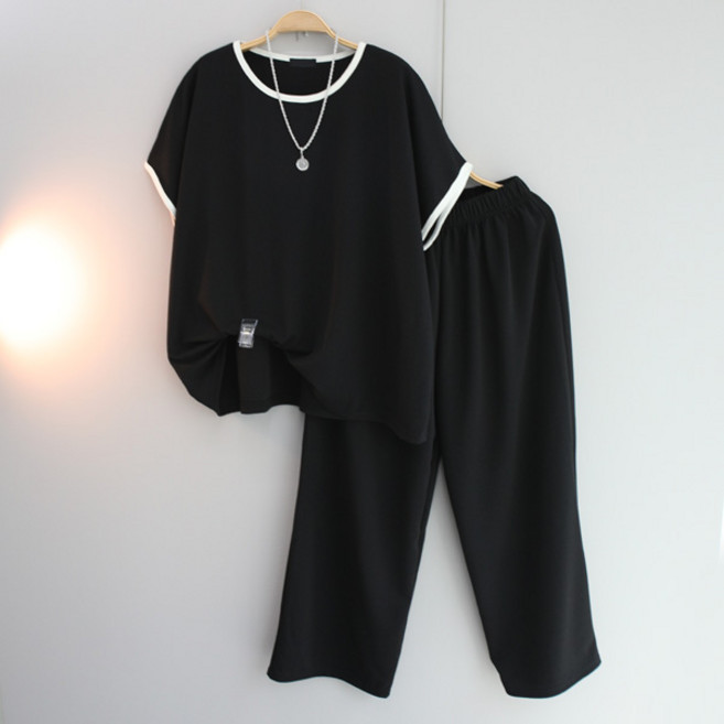 달콩 여성 빅사이즈 여름상하세트 통바지 루즈핏 디바배색반팔와이드팬츠세트