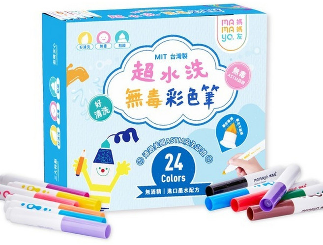 mamayo 媽咪最愛 12色/24色/50色 超水洗無毒彩色筆, 1個, 24色超水洗無毒彩色筆盒裝 長桿13.
