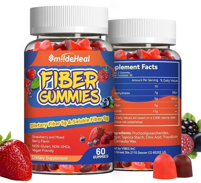 SmildeHeal 섬유 젤리 식이 섬유 여성 및 남성용 장 건강 지원 GMO 프리 글루텐 프리 비건 믹스 베리 및 딸기 맛 젤리 120개, 60개입(2병)