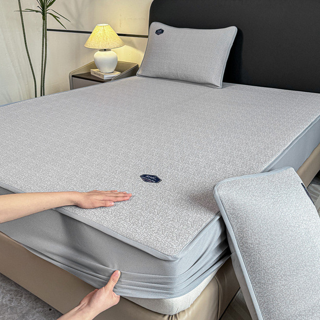 涼蓆 冰絲涼蓆 藤席 家用折疊涼蓆 乙綸提花涼感牀蓆 牀笠學生宿舍兩件套, 牀笠款肌理紋-灰,150*200cm單床單