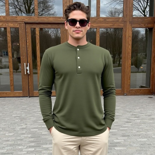 [펜타온] 와플조직 3버튼 스탠다드 아미핏 긴팔 라운드 티셔츠