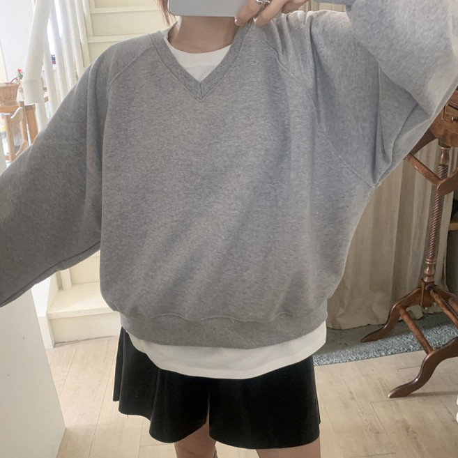 애플망고옷장 여성 긴팔 쭈리 브이넥나그랑 맨투맨 오버핏 티셔츠