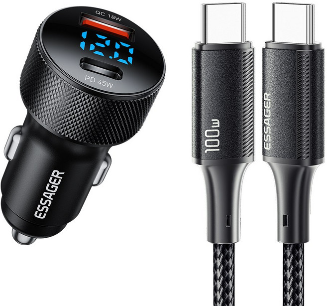 Essager 45W 2포트 USB A타입 TO C타입 PD3.0 QC3.0 차량용 초고속 충전기 C-C타입 포함, 블랙, 1세트