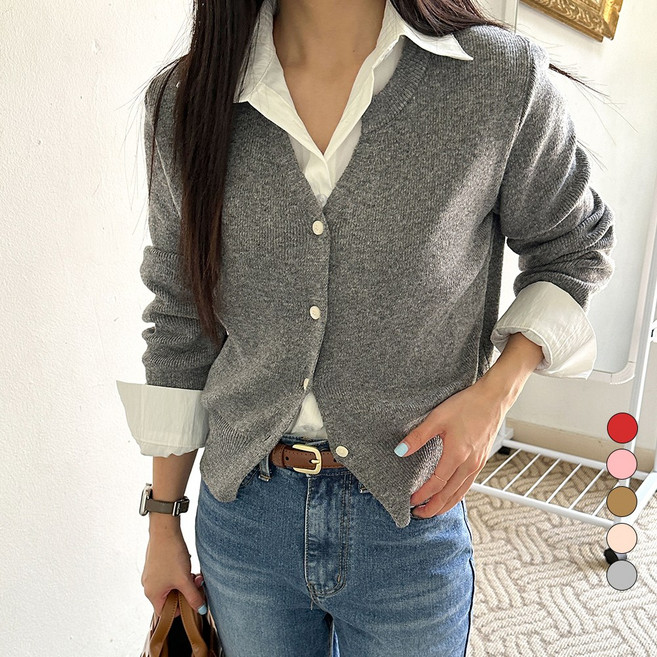 디테일웨어 여성 간절기 긴팔 니트 가디건 부드러운 캐시미어 원단 브이넥 세미크롭 단정한 여자니트 캐주얼 무지 오피스룩 코디