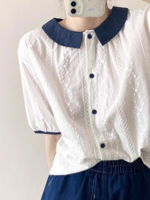 COSYEVNO 여성 여름 인형 넥 루즈핏 빈티지 데일리 반팔 셔츠 CLXtx-19