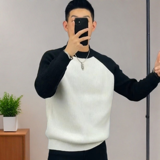 AOKADA 남성 가을 겨울 루즈핏 배색 나그랑 골지 니트 스웨터