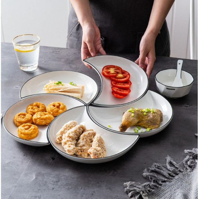 쿠코아 우아한 달모양 도자기 접시 5p 세트, 화이트, 22.5*14*3.9cm 5매, 1세트