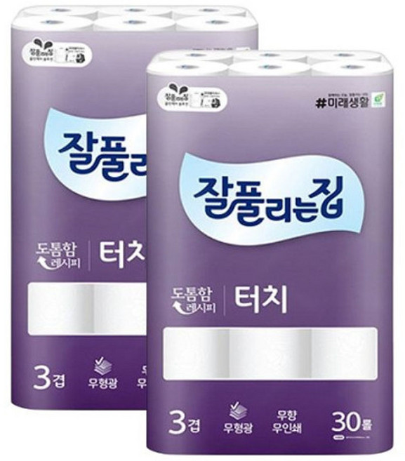 잘풀리는집 깨끗한 터치 화장지 30롤, 25m, 30개입, 2개