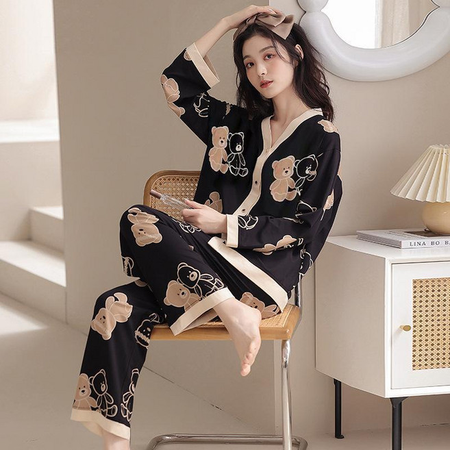 睡衣女長袖開衫春秋款可愛家居服