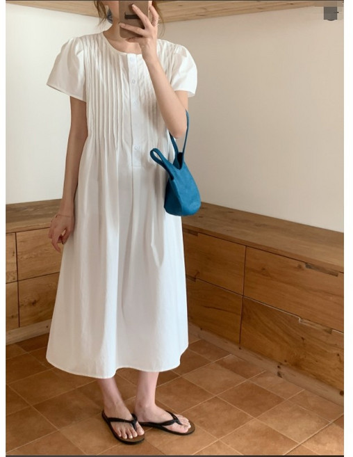 레이디 매직(lady magic) 여성 프렌치 라운드넥 셔링 셔츠형 반팔 롱 원피스