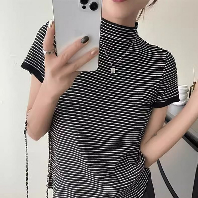 여성 반폴라 반팔티 여름 반폴라 슬림핏 반팔 티셔츠 데일리 여자 목폴라티 스트라이프 반팔티 LCC