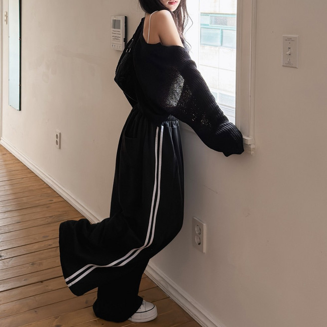 큐니티 2WAY 사이드 더블라인 벌룬 와이드 팬츠 남녀공용 빅사이즈 스트릿 조거 트레이닝 바지