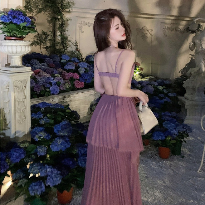 梨卡 女裝 深V 細肩帶 露腰露背 度假洋裝 長裙, 紫色